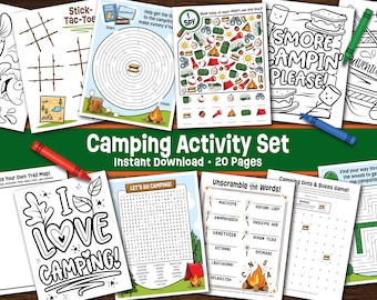 Könnte beinhalten: Ein druckbares Camping-Aktivitätsset mit 20 Seiten voller Aktivitäten für Kinder. Das Set enthält eine Vielzahl von Aktivitäten wie Wortsuchen, Labyrinthe, Punkt-zu-Punkt-Spiele und Malvorlagen. Die Aktivitäten sind alle rund um das Thema Camping gestaltet und zeigen Bilder von Campingausrüstung, Tieren und der Natur.