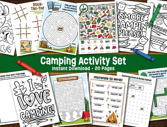 Camping Activity Bundle Printable - Instant Download - Camping Wordsearch - Summer Camp Games - Kids Road Trip Game - Camping Coloring Pages
