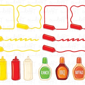 May include: A collection of cartoon-style illustrations featuring condiments. Includes yellow mustard and red ketchup dispensers, along with bottles labeled "Ranch", "BBQ", and "Buffalo". The image also shows lines and shapes drawn with the condiments.
