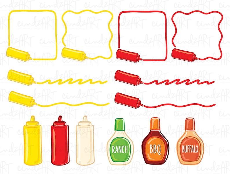 May include: A collection of cartoon-style illustrations featuring condiments. Includes yellow mustard and red ketchup dispensers, along with bottles labeled "Ranch", "BBQ", and "Buffalo". The image also shows lines and shapes drawn with the condiments.