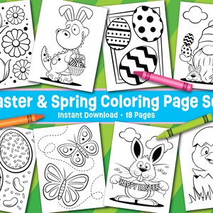 Easter Spring Coloring Page Set - Instant Download - Easter Springtime Kids Activity - Easter Party Printable - Cute Kid Coloring Pages