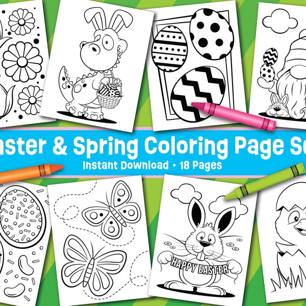 Easter Spring Coloring Page Set - Instant Download - Easter Springtime Kids Activity - Easter Party Printable - Cute Kid Coloring Pages