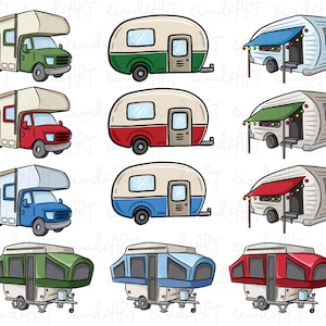 K&ouml;nnte beinhalten: Ein Satz von zehn Cartoon-Illustrationen verschiedener Arten von Wohnwagen. Die Wohnwagen sind in verschiedenen Farben, darunter Gr&uuml;n, Rot, Blau und Wei&szlig;. Einige der Wohnwagen haben Markisen und Lichter.