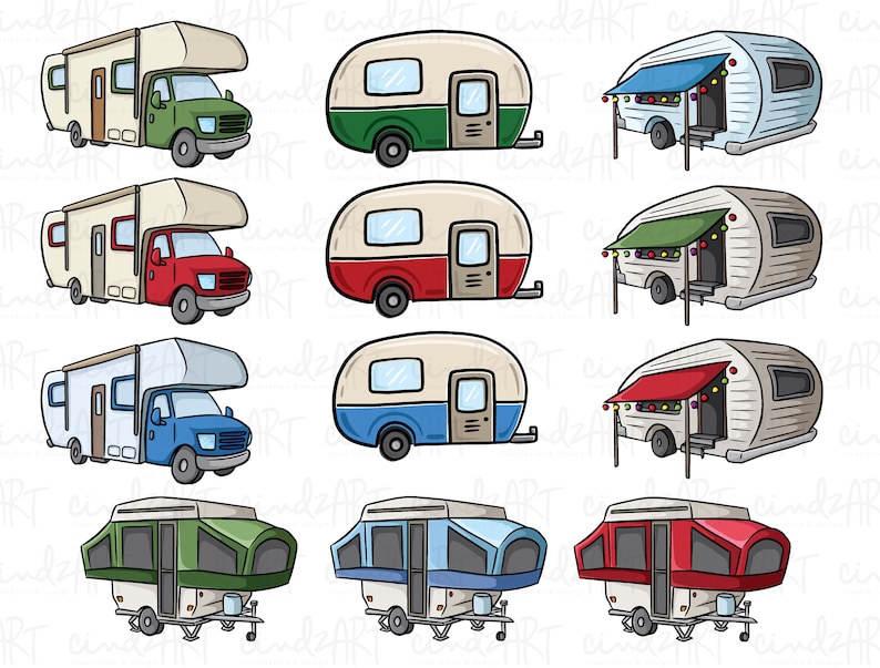 K&ouml;nnte beinhalten: Ein Satz von zehn Cartoon-Illustrationen verschiedener Arten von Wohnwagen. Die Wohnwagen sind in verschiedenen Farben, darunter Gr&uuml;n, Rot, Blau und Wei&szlig;. Einige der Wohnwagen haben Markisen und Lichter.