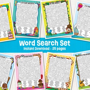 25 Page Printable Wordsearch Set - Instant Download - Kid Wordsearch - Downloadable Word Search - Searching Game - Kids Wordsearch Activity