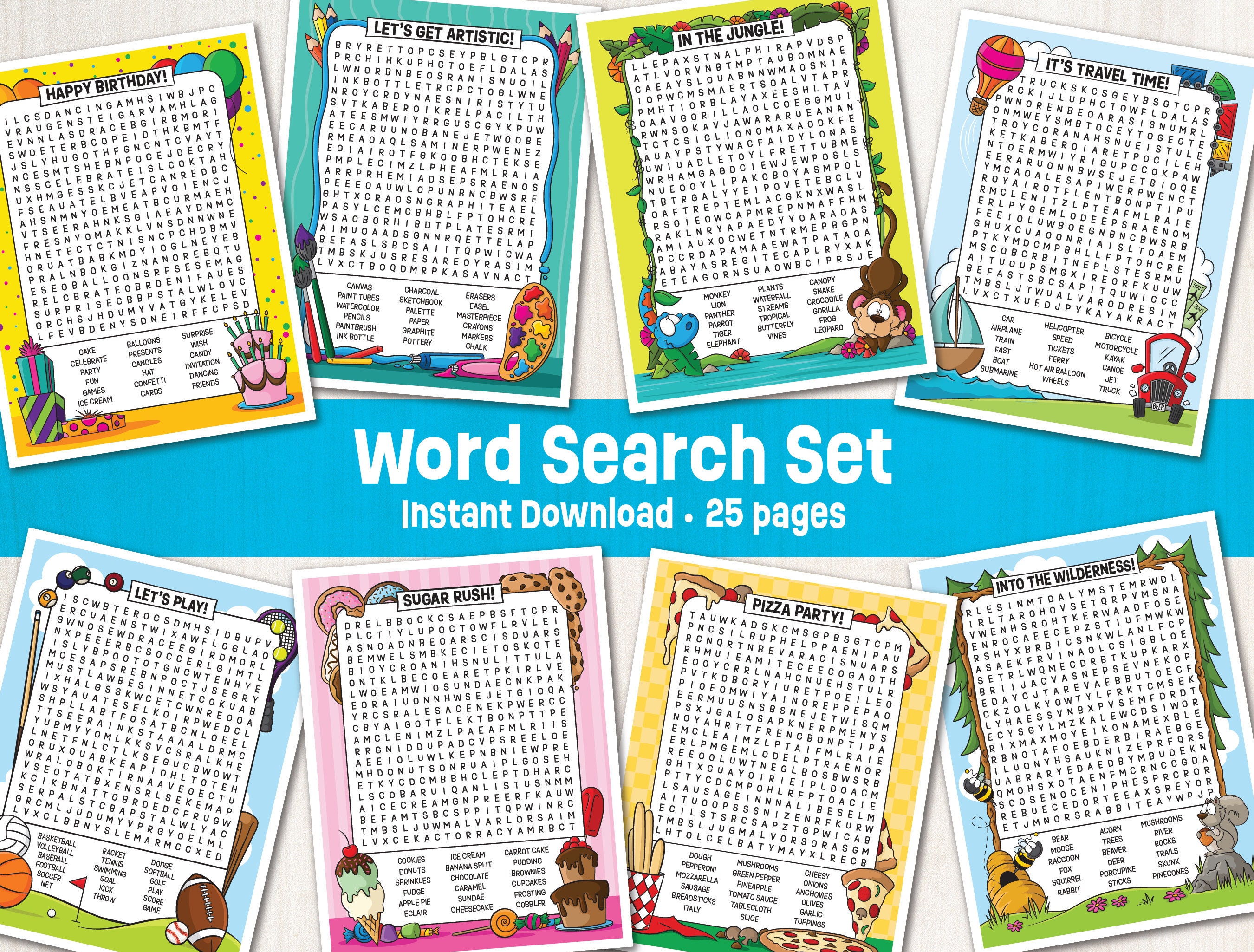 25 Page Printable Wordsearch Set - Instant Download - Kid Wordsearch - Downloadable Word Search - Searching Game - Kids Wordsearch Activity