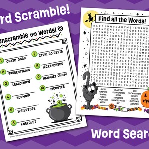 K&ouml;nnte beinhalten: Zwei wei&szlig;e Aktivit&auml;tsbl&auml;tter mit schwarzem Text und Halloween-Grafiken. Ein Blatt enth&auml;lt ein Wortr&auml;tsel mit einem Kessel, das andere ein Suchr&auml;tsel mit einer schwarzen Katze, einem Spinnennetz und einem geschnitzten orangefarbenen K&uuml;rbis.