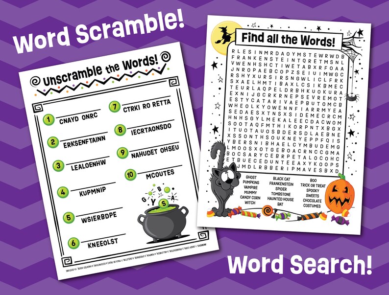 K&ouml;nnte beinhalten: Zwei wei&szlig;e Aktivit&auml;tsbl&auml;tter mit schwarzem Text und Halloween-Grafiken. Ein Blatt enth&auml;lt ein Wortr&auml;tsel mit einem Kessel, das andere ein Suchr&auml;tsel mit einer schwarzen Katze, einem Spinnennetz und einem geschnitzten orangefarbenen K&uuml;rbis.