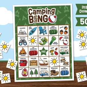 Bingo na kempingu do druku - Gra na imprezę na kempingu - Natychmiastowe pobranie - Gra Bingo na wycieczkę kempingową do druku - Aktywność Bingo na obozie letnim