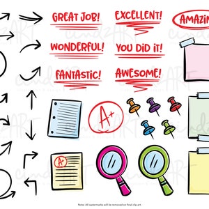 May include: A set of black and white hand-drawn arrows, circles, and a check mark. There are also red and black hand-drawn stickers with the words "Great Job!", "Wonderful!", "Fantastic!", "Excellent!", "You Did It!", "Awesome!" and "Amazing!" There are also two paper sheets with an A+ grade, a magnifying glass, and a set of colorful push pins.