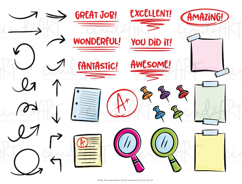 May include: A set of black and white hand-drawn arrows, circles, and a check mark. There are also red and black hand-drawn stickers with the words "Great Job!", "Wonderful!", "Fantastic!", "Excellent!", "You Did It!", "Awesome!" and "Amazing!" There are also two paper sheets with an A+ grade, a magnifying glass, and a set of colorful push pins.