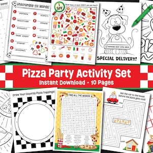 Pizza Party Activity Bundle - Kids Pizza Party Printable Games - Pizza Party Coloring Pages - School Pizza Games - Maze - I Spy - Wordsearch