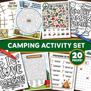 May include: A camping activity set featuring 20 pages of printable games including mazes, word searches, I Spy, and coloring sheets with text like I Love Camping, S'more Campin Please, and Unscramble the Words, accompanied by colorful crayons.
