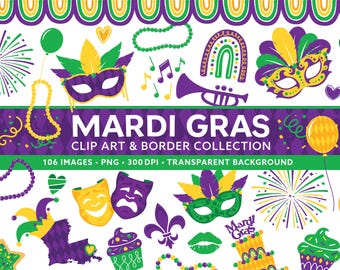 Paquete de imágenes prediseñadas de Mardi Gras - Máscaras de Mardi Gras - Imágenes prediseñadas PNG de Martes de Carnaval - Cuentas de Mardi Gras - Fleur de lis png - Bordes de Mardi Gras