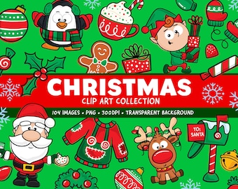 Söt jul Clip Art - Julklappsdoodle Clipart Bundle - Jultomten Ren Clipart - Rolig jul PNG - Ful tröja Clipart - Snöflinga PNG