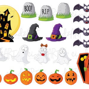 Peut inclure: Ensemble d'illustrations sur le th&egrave;me d'Halloween. Comprend une maison hant&eacute;e, des pierres tombales, des chapeaux de sorci&egrave;re, des chauves-souris, des fant&ocirc;mes, des citrouilles sculpt&eacute;es et un cercueil avec "RIP".
