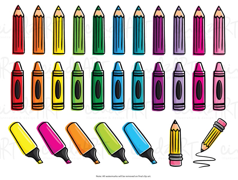 May include: A set of colorful crayons, pencils, and markers. The crayons are arranged in a rainbow pattern, with red, orange, yellow, green, blue, indigo, and violet. The pencils are also arranged in a rainbow pattern, with the same colors as the crayons. The markers are arranged in a row, with yellow, pink, orange, green, and blue markers.
