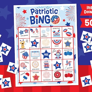 Juego de bingo patriótico imprimible, Actividad de bingo del 4 de julio, Juego de fiesta de verano estadounidense, Bingo del 4 de julio, Juegos de picnic temáticos de EE. UU.