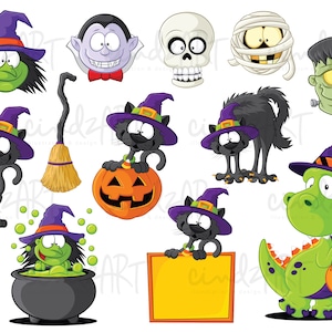 Peut inclure: Ensemble d'illustrations de dessins anim&eacute;s sur le th&egrave;me d'Halloween. Comprend une sorci&egrave;re, un vampire, un cr&acirc;ne, une momie, le monstre de Frankenstein, des chats noirs, un balai, une citrouille, un chaudron, un panneau et un dragon vert.