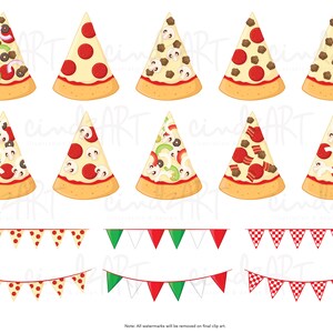 May include: Twelve colorful pizza slices with various toppings, including pepperoni, mushrooms, olives, and peppers.  Three red and white checkered bunting banners and three green, white, and red bunting banners.