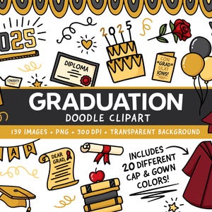 Graduación 2025 Clipart - Descarga digital - Lindos gráficos de graduación de la clase 2025 - Clip art de toga y birrete - Clipart de doodle de graduado escolar