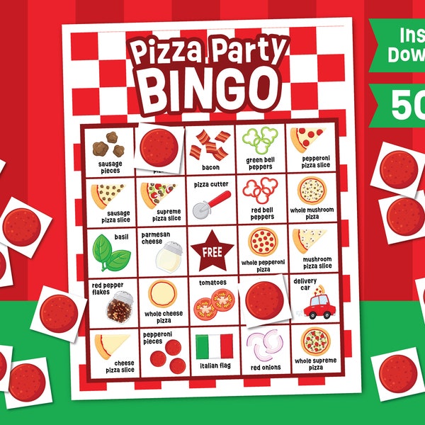 Pizza Party Bingo Game Printable - Instant Download - Pizza Birthday Party - Pizza Baby Shower Game - Kids School Class Activity Party Game