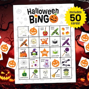 May include: A Halloween Bingo game card featuring a grid of 25 squares with illustrations of bones, sweets, a mummy, monsters, spiders, a witch, a ghost, bats, a potion, a lollipop, a skeleton, and a broom. The text reads Halloween BINGO and Includes 50 cards!