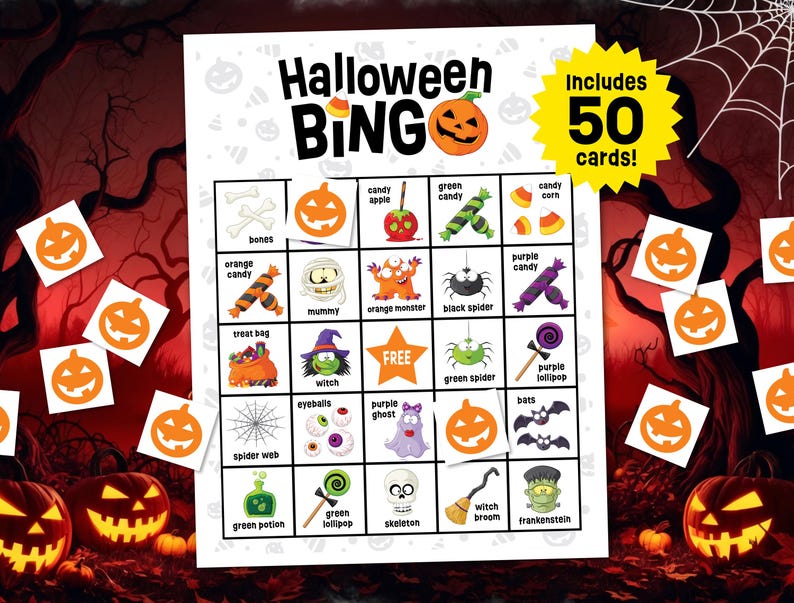 May include: A Halloween Bingo game card featuring a grid of 25 squares with illustrations of bones, sweets, a mummy, monsters, spiders, a witch, a ghost, bats, a potion, a lollipop, a skeleton, and a broom. The text reads Halloween BINGO and Includes 50 cards!