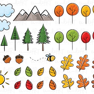 K&ouml;nnte beinhalten: Ein Satz handgezeichneter Illustrationen mit Naturelementen wie B&auml;umen, Wolken, Bergen, Bl&auml;ttern, Eicheln und einer Biene. Die Illustrationen sind im Cartoon-Stil mit leuchtenden Farben und einfachen Linien gehalten.