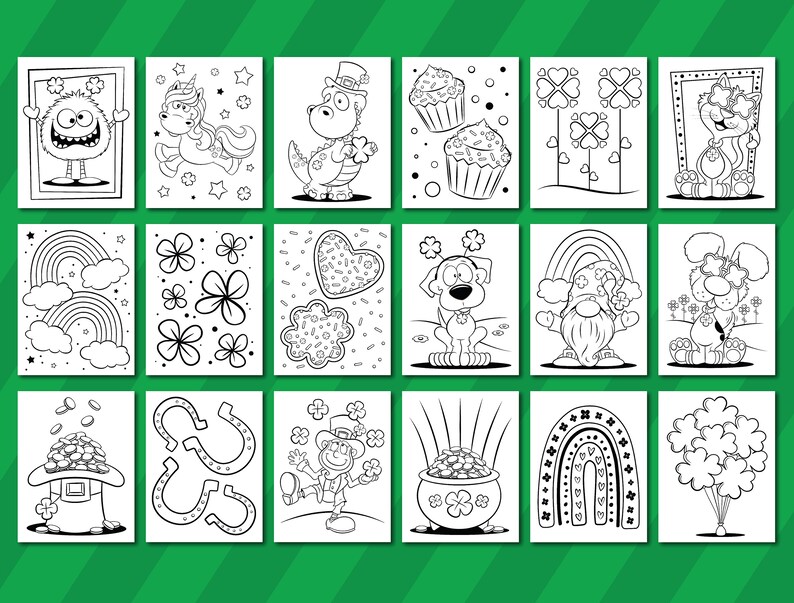 May include: A set of 16 black and white coloring pages featuring various St. Patrick's Day themed illustrations. The illustrations include a unicorn, a leprechaun, a rainbow, a pot of gold, shamrocks, and more.