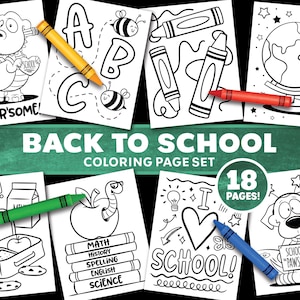 May include: A set of 18 black and white coloring pages with school-themed illustrations. Crayons in yellow, red, green, and blue are placed on the pages. Text includes "Back to School" and "School is Pawsome!"