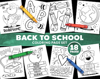 Peut inclure: Un ensemble de 18 pages à colorier en noir et blanc sur le thème de l'école. Des crayons de couleur jaunes, rouges, verts et bleus sont placés sur les pages. Le texte comprend "Back to School" et "School is Pawsome!"