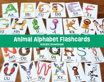 Animal Alphabet Flashcards - Printable - Instant Download - Printable Flashcards - Kindergarten - Alphabet Flash Cards - Learning
