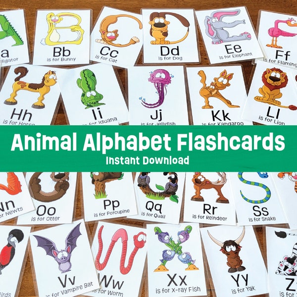 Animal Alphabet Flashcards - Printable - Instant Download - Printable Flashcards - Kindergarten - Alphabet Flash Cards - Learning