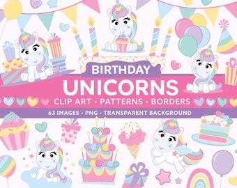 Unicorn Birthday Clipart - Unicorn Rainbow Graphics - Cute Unicorn Birthday Party - 1st Unicorn Birthday - Unicorn Patterns Paper Borders