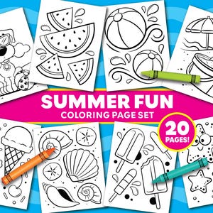 May include: A set of summer-themed coloring pages with images of a dog, watermelon, beach balls, a beach scene, ice cream cones, seashells, popsicles, and starfish. The text "SUMMER FUN COLORING PAGE SET" and "20 PAGES!" are displayed.