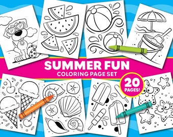 Summer Fun Coloring Page Set - Instant Download - Pool Party Activity - Summer Party Favors - Beach Party Games - Kids Camp Coloring Pages