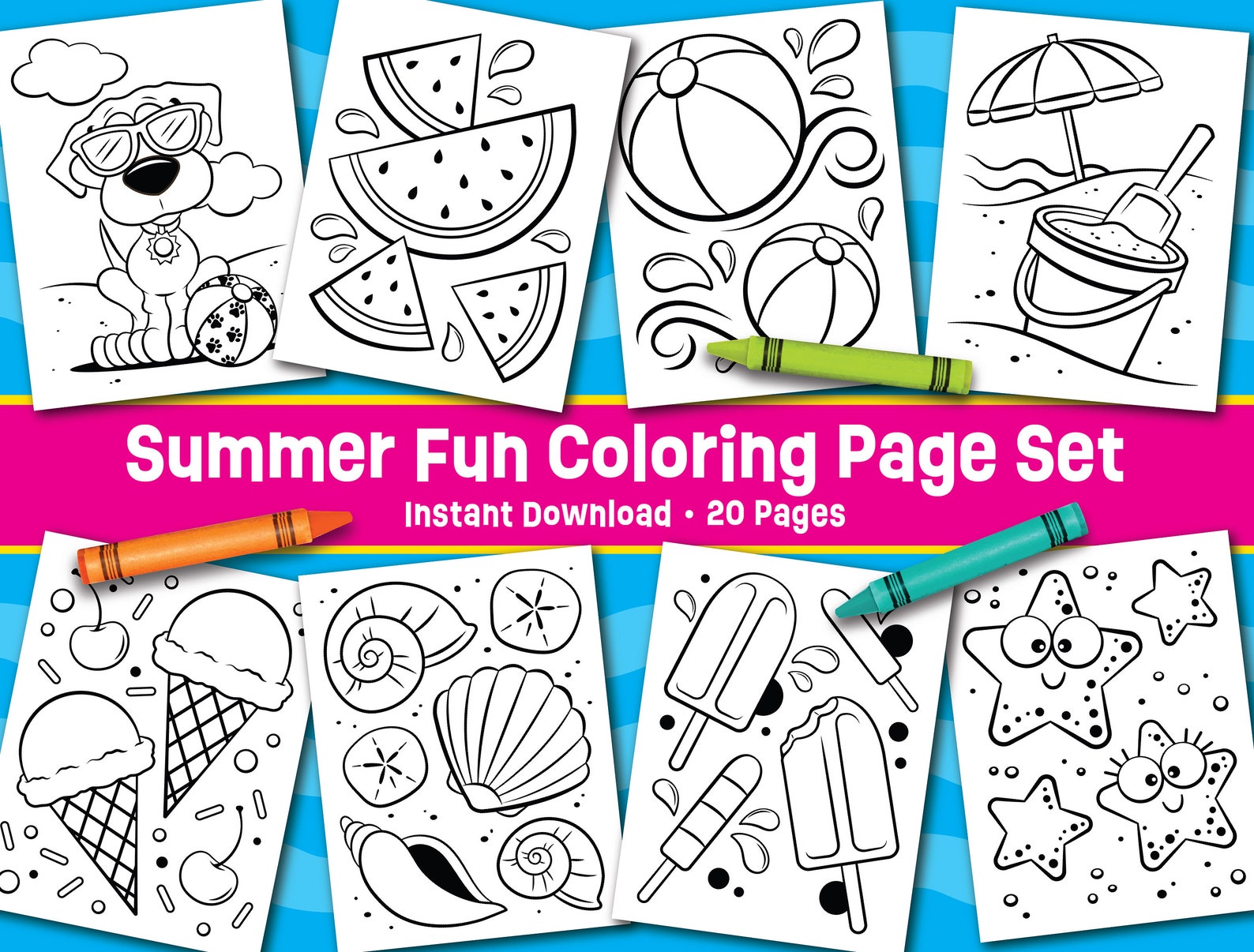 Summer Fun Coloring Page Set Instant Download Pool Party Etsy