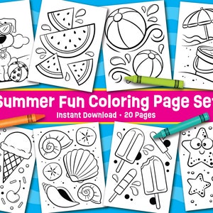 Summer Fun Coloring Page Set - Instant Download - Pool Party Activity - Summer Party Favors - Beach Party Games - Kids Camp Coloring Pages