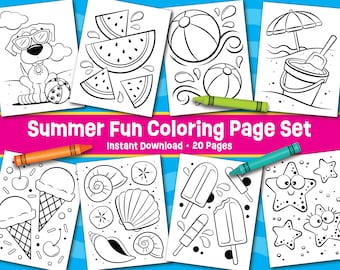 Summer Fun Coloring Page Set - Instant Download - Pool Party Activity - Summer Party Favors - Beach Party Games - Kids Camp Coloring Pages