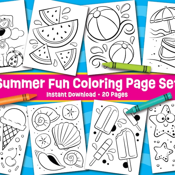 Summer Fun Coloring Page Set - Instant Download - Pool Party Activity - Summer Party Favors - Beach Party Games - Kids Camp Coloring Pages