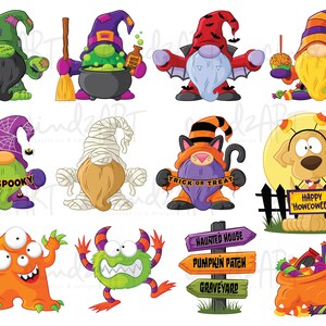 Peut inclure: Une collection de personnages de dessins anim&eacute;s sur le th&egrave;me d'Halloween, dont des gnomes, un chat, un chien et des monstres. Les gnomes sont costum&eacute;s, certains tenant des accessoires comme un chaudron, un balai et des bonbons. Le chien a un panneau "Happy Howl'oween!"