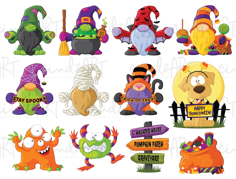 Peut inclure: Une collection de personnages de dessins anim&eacute;s sur le th&egrave;me d'Halloween, dont des gnomes, un chat, un chien et des monstres. Les gnomes sont costum&eacute;s, certains tenant des accessoires comme un chaudron, un balai et des bonbons. Le chien a un panneau "Happy Howl'oween!"