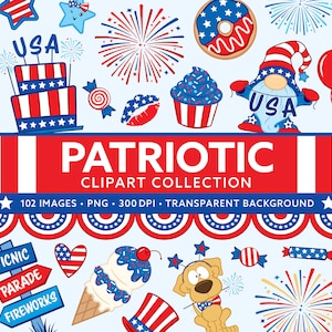 Patriotische ClipArt - 4. Juli Clipart - Unabhängigkeitstag USA Clipart - Niedliches Grafikset für den 4. Juli - Rot Weiß Blau Amerikanisches Bundle