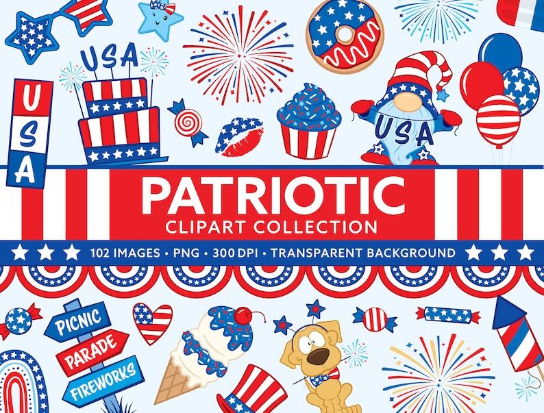 Patriotisk clipart - 4 juli clipart - Självständighetsdagen USA Clipart - Söt fjärde juli grafikset - Röd Vit Blå Amerikansk Bundle bild 1
