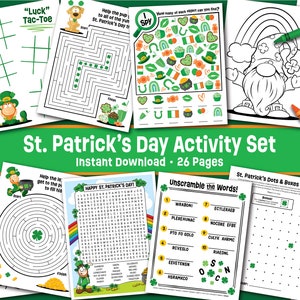 May include: A printable St Patrick's Day activity set with 26 pages of games, mazes, and colouring pages. The set includes a word search, a dot-to-dot, a maze, a tic-tac-toe game, and a colouring page of a leprechaun.