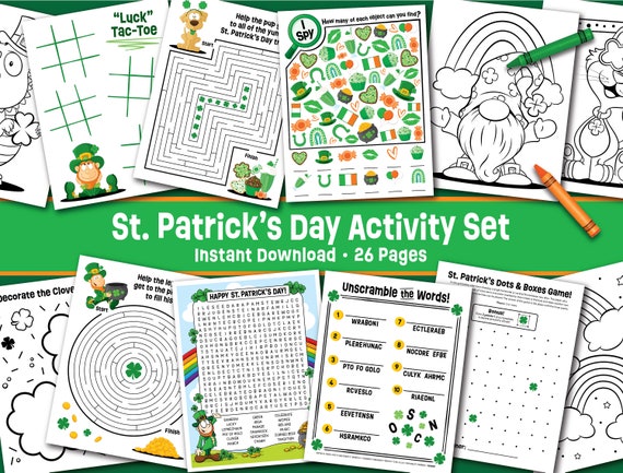 St. Patrick's Day Activity Bundle - St. Paddy Party Kid Games - St. Patrick Coloring Pages - School St. Patrick - Maze - I Spy - Wordsearch