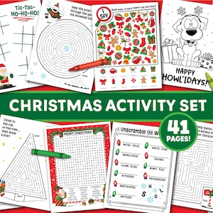 Könnte beinhalten: Ein 41-seitiges Weihnachts-Aktivitätsset mit verschiedenen druckbaren Blättern, darunter Tic-Tac-Toe, Labyrinthe, Suchspiele, Worträtsel und Ausmalbilder mit Feiertagsmotiven wie dem Weihnachtsmann, einem Hund und einem Weihnachtsbaum, inklusive Buntstiften.