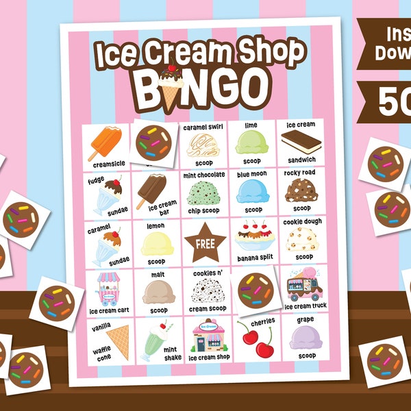 Ice Cream Shop Bingo Spiel zum Ausdrucken - Eiscreme Babyparty Spiel - Eiscreme-Geburtstagsfeier - Kinderklasse Aktivitätsparty - Eis sozial