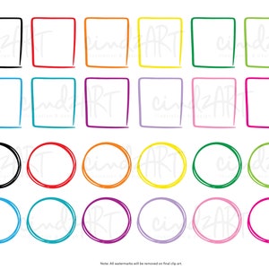 May include: A set of 18 hand-drawn frames in various colors, including black, red, orange, yellow, green, blue, purple, pink, and white. The frames are a mix of circles and squares, all with a simple, hand-drawn style.